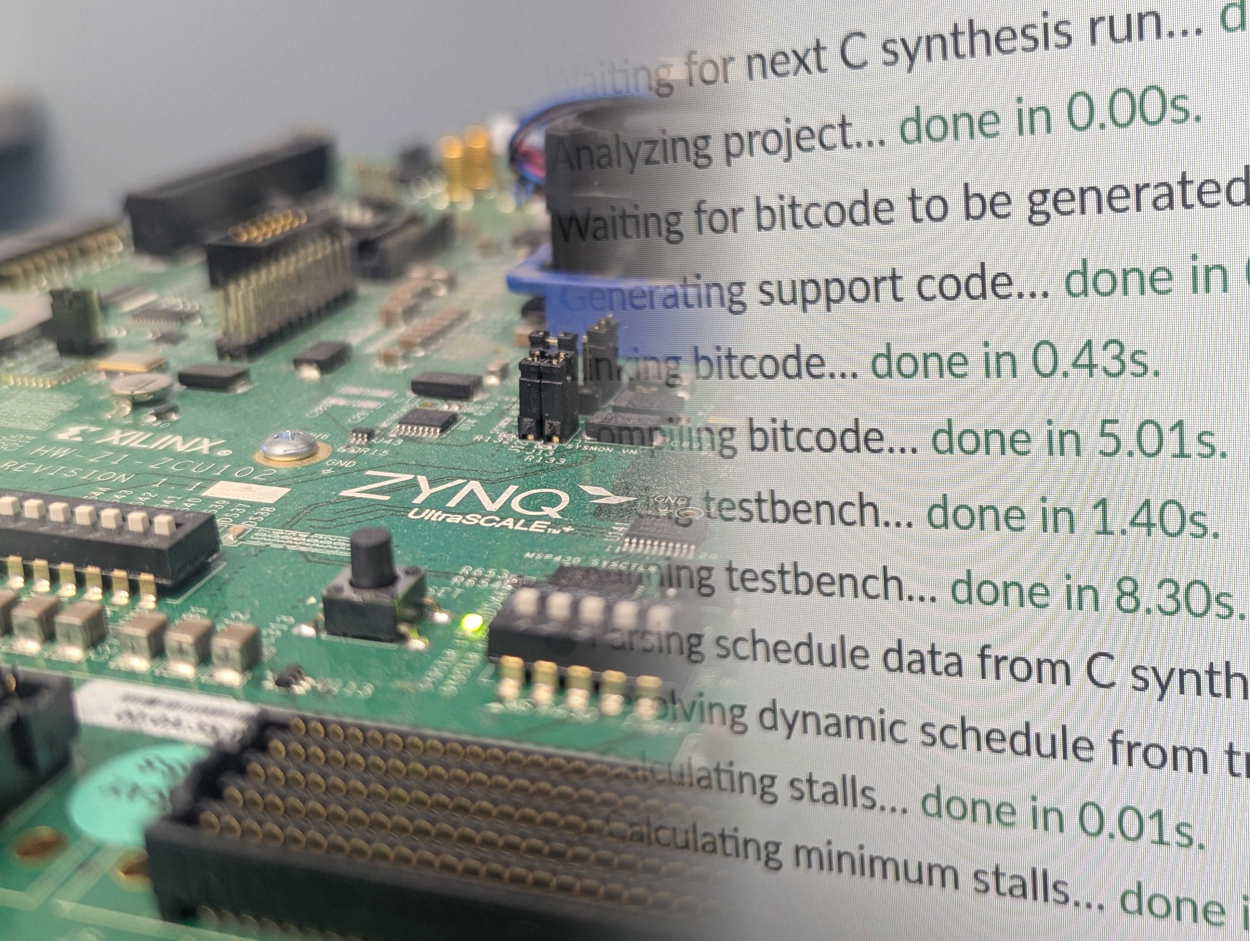 Photo of FPGA development board with LightningSim UI fading in on the right